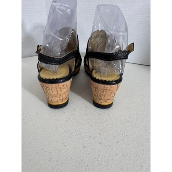 "BUSSOLA" Black Wedge Summer Sandals Strappy Metal Accents Size 7.5 (38) Cork - Picture 4 of 9